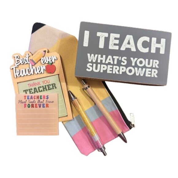 Accessories - Teacher Bundle- Teacher Decor, Post it's and holder and Pencil case with pens